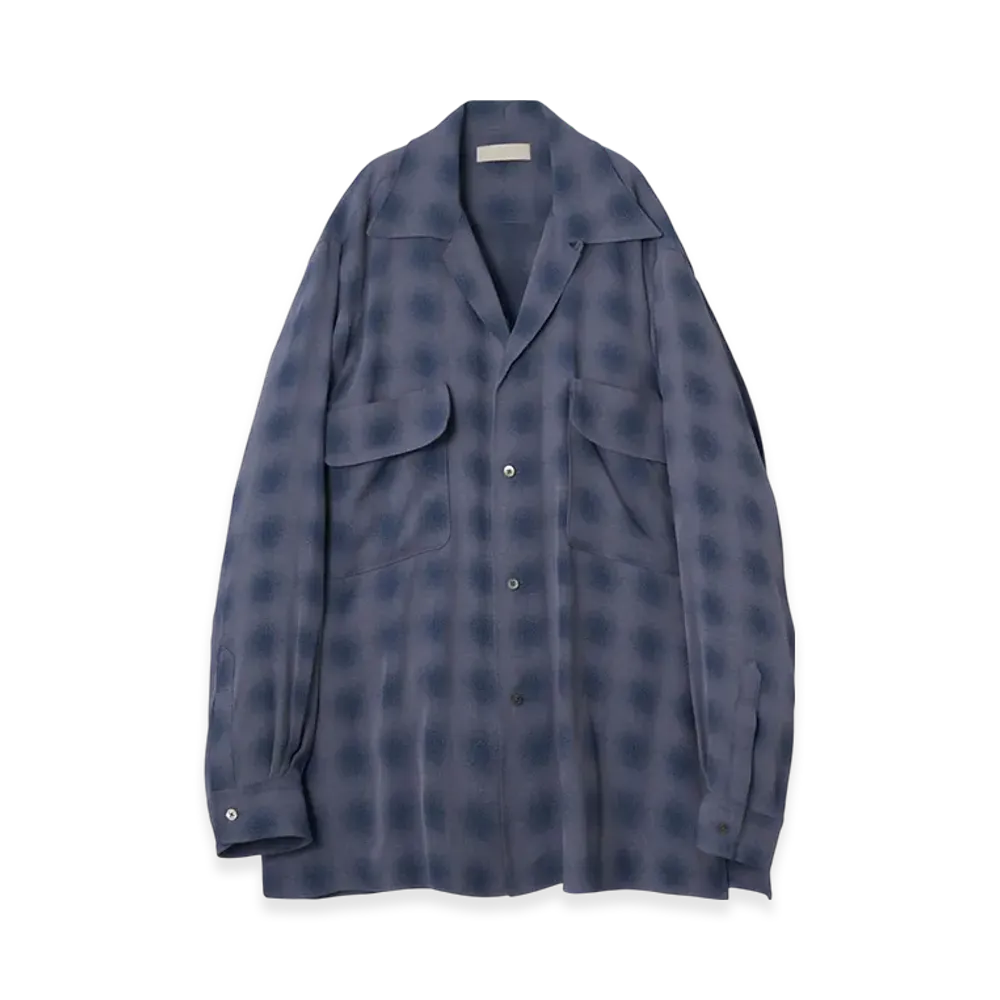 YOKE Rayon Acetate Blurred Ombre Plaid Open Collar Shirt "Blue"