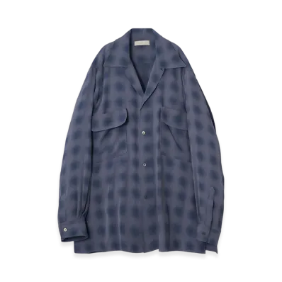 YOKE Rayon Acetate Blurred Ombre Plaid Open Collar Shirt "Blue"