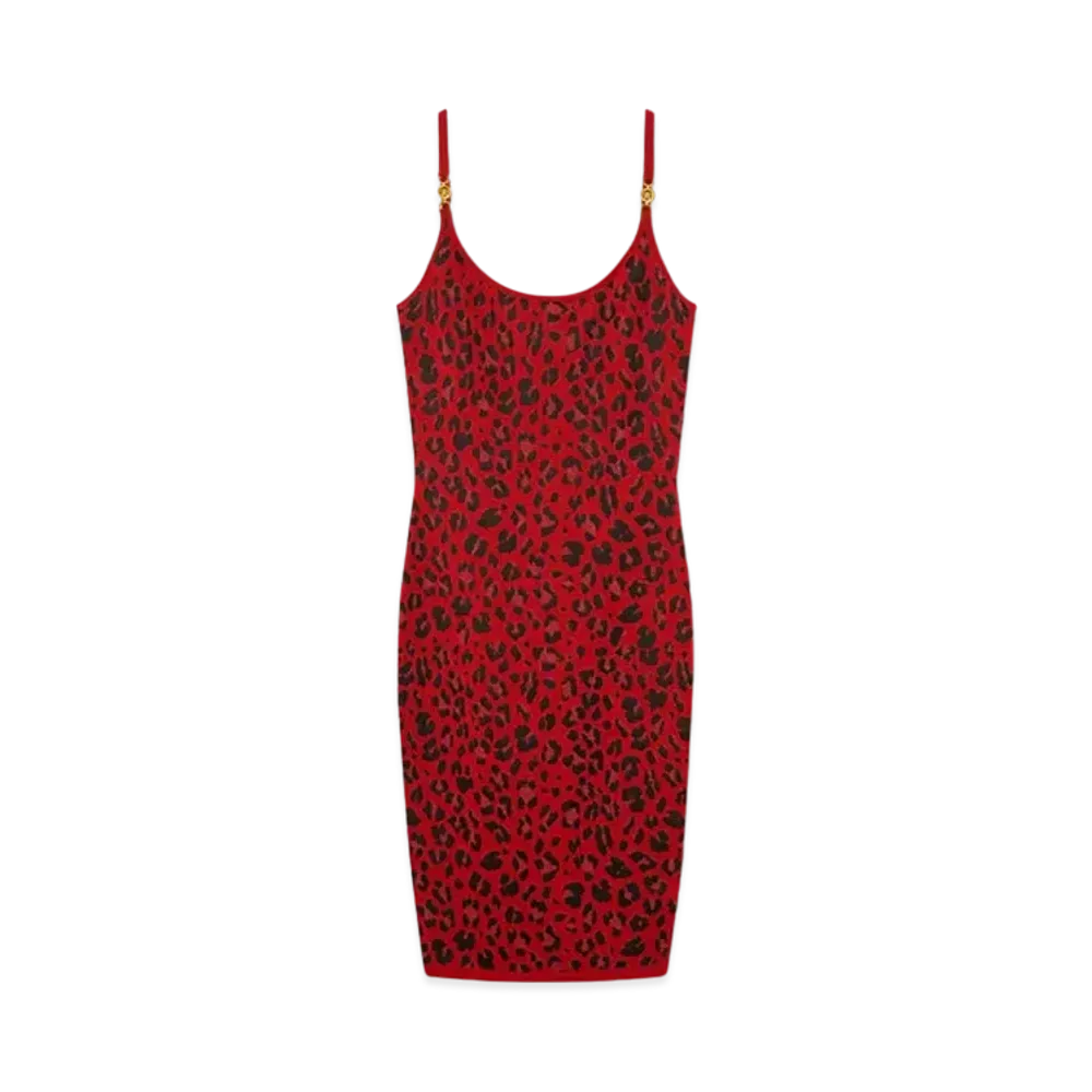 Versace Leopard Lurex Fitted Knit Midi Dress "Red"