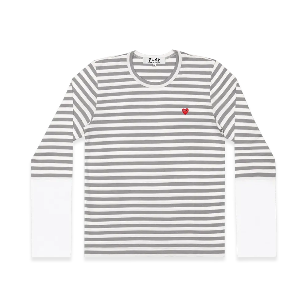 PLAY COMME des GARCONS Small Red Heart Striped L/S T-Shirt Ladies "Gray/White"