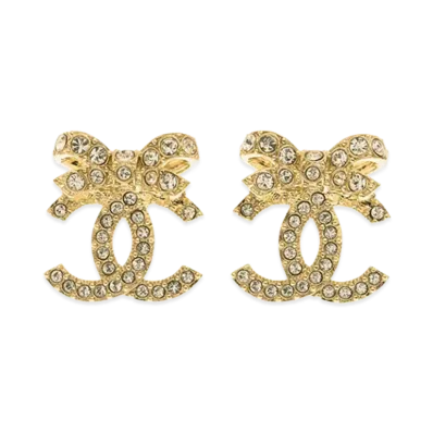 CHANEL Women's Rhinestone Bow CC Logo Earrings "Gold"