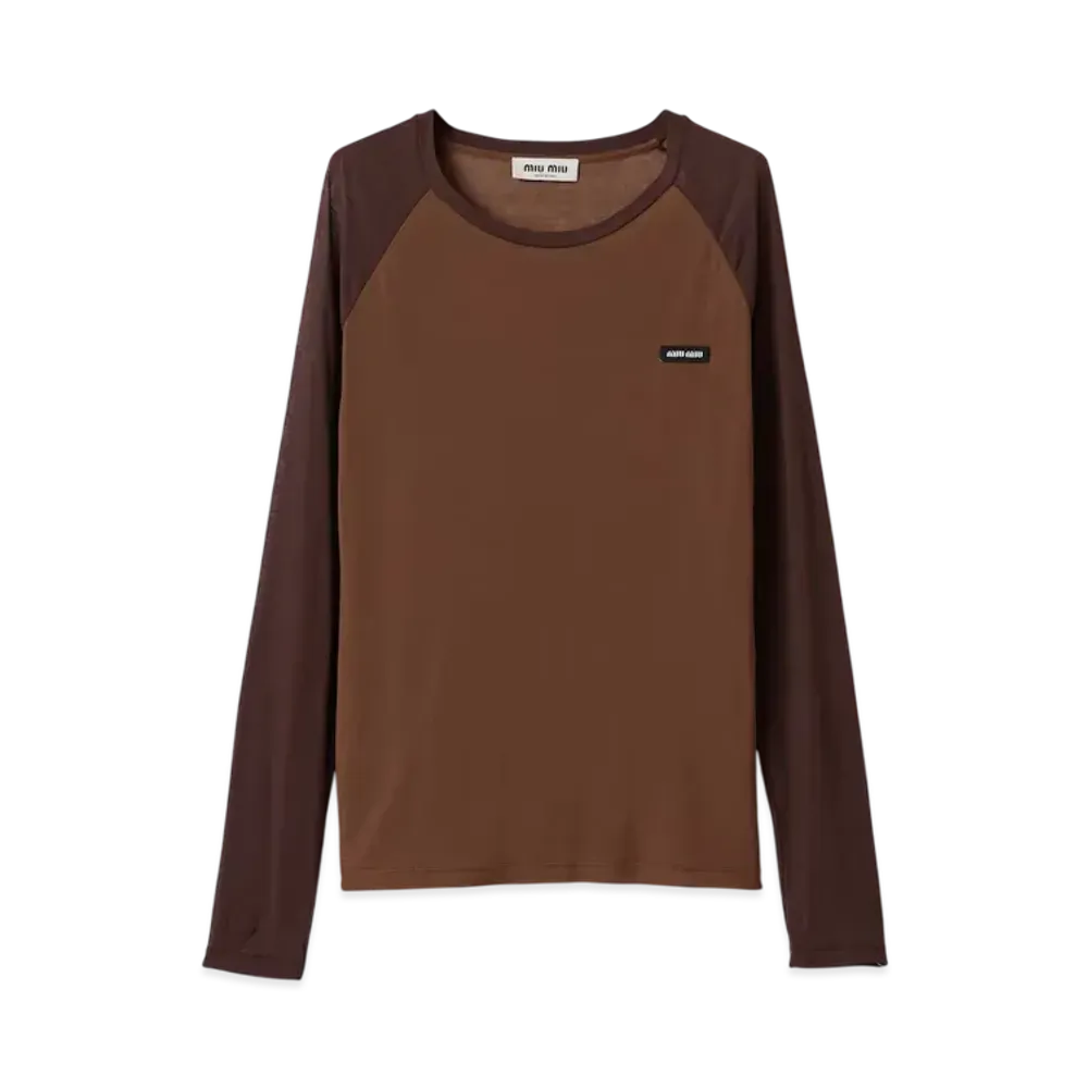 MIUMIU Women's Long-Sleeved Ribbed Jersey T-Shirt "Brown/Dark Brown"