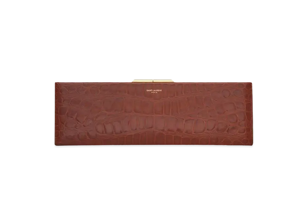Saint Laurent Midnight Large Clutch In Crocodile-Embossed Lacquered Leather "Caramel/Dark Caramel"