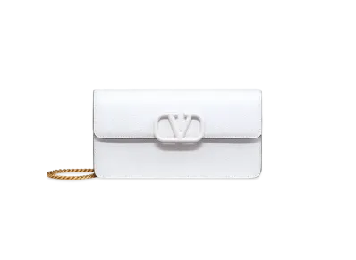 Valentino Vlogo Signature Grainy Calfskin Wallet With Chain "Optic White"