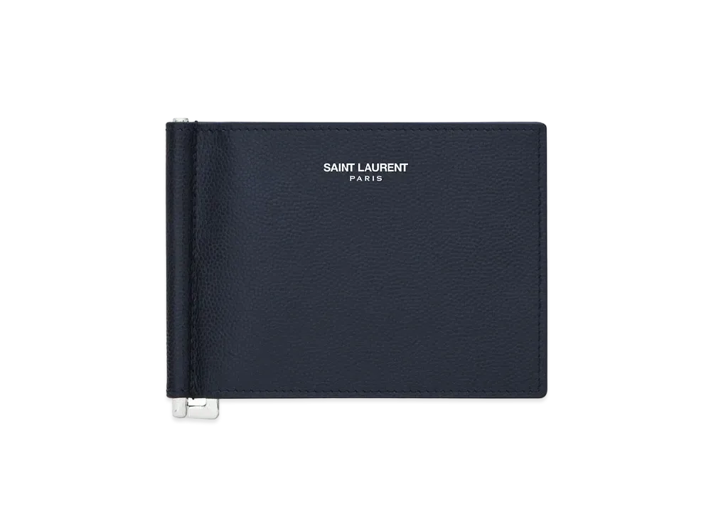 Saint Laurent Bill Clip Wallet In Grain De Poudre Embossed Leather "Midnight Blue"