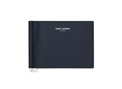 Saint Laurent Bill Clip Wallet In Grain De Poudre Embossed Leather "Midnight Blue"