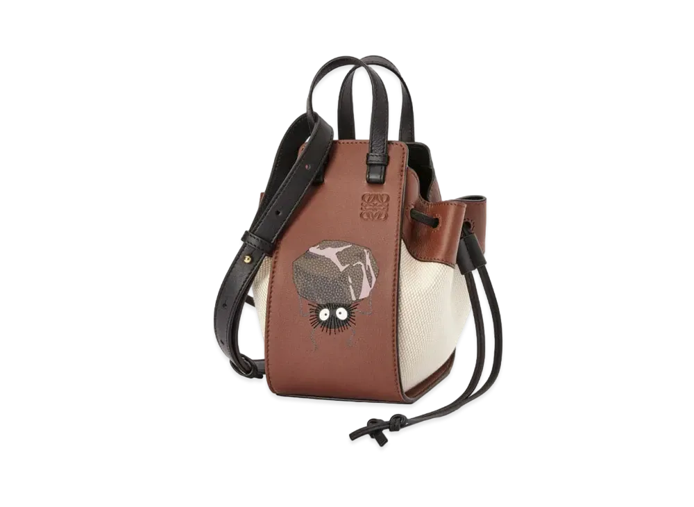 LOEWE x Spirited Away Susuwatari Mini Hammock Drawstring Bag In Classic Calfskin and Textile "Havana/Ecru"