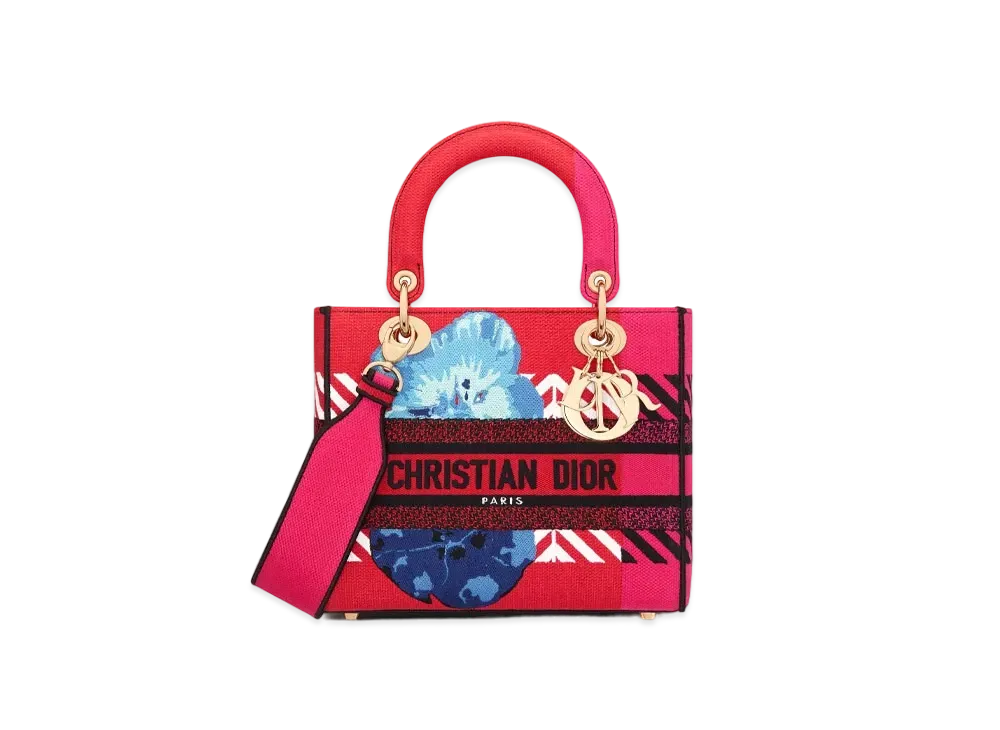 Dior Lady D-Lite Medium Bag D-Flower Pop Embroidery "Bright Pink"