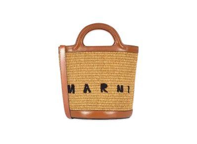 Marni Brown Calf And Raffia Tropicalia Mini Bucket Bag "Low Sienna"