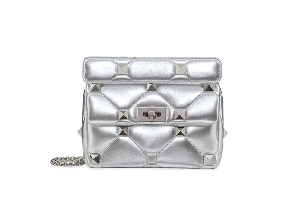 Valentino Roman Studs Metallic Nappa Leather Medium Chain Shoulder Bag "Silver"
