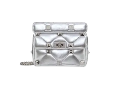 Valentino Roman Studs Metallic Nappa Leather Medium Chain Shoulder Bag "Silver"
