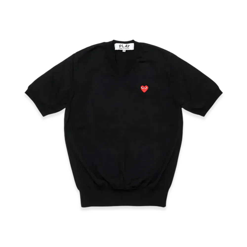 PLAY COMME des GARCONS V-Neck Short Sleeve Sweater With Red Medium Emblem "Black"
