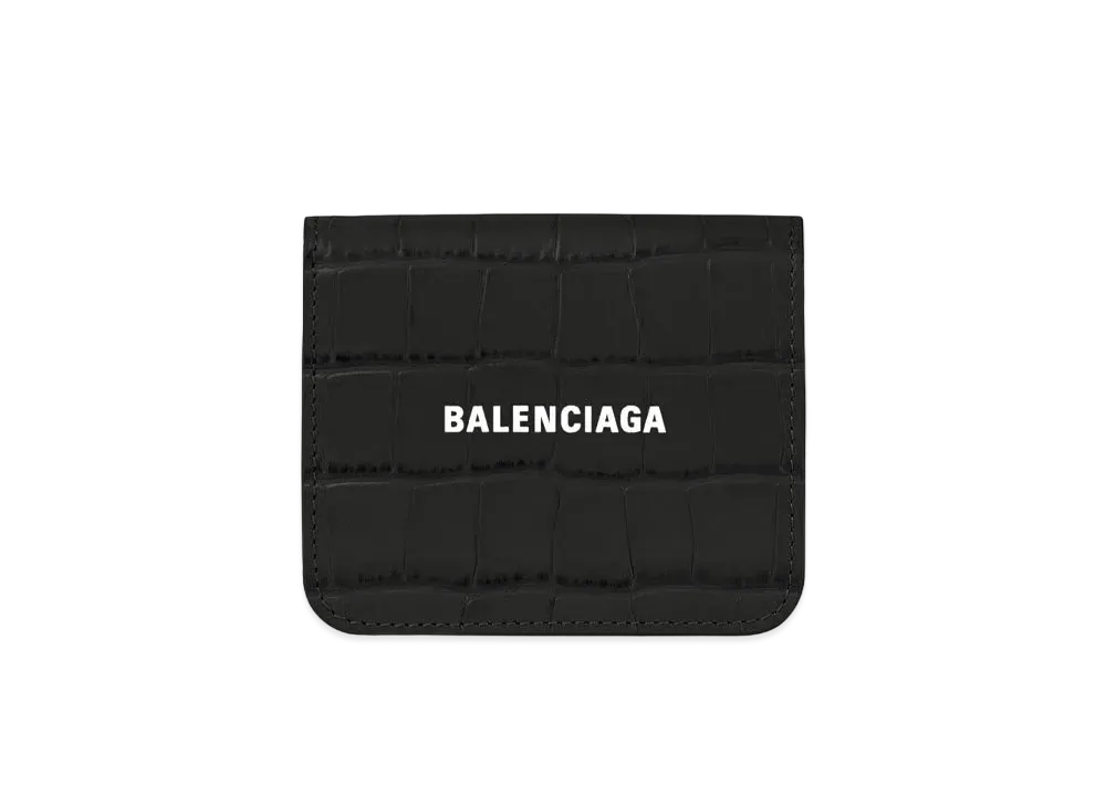 BALENCIAGA Cash Flap Coin and Card Holder Shiny Embossed Crocodile Calfskin "Black/White"