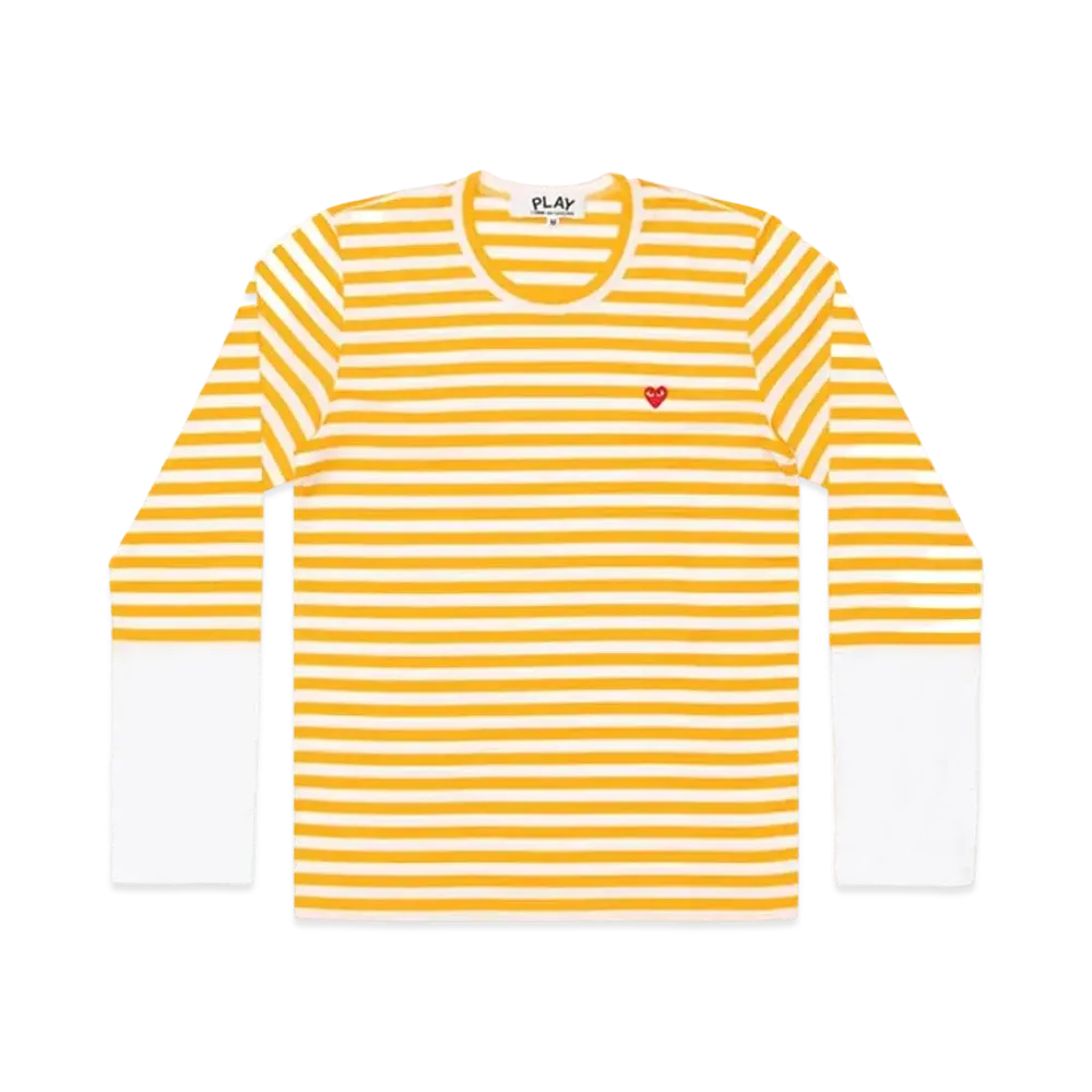 PLAY COMME des GARCONS Small Red Heart Striped L/S T-Shirt Mens "Yellow/White"