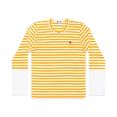 PLAY COMME des GARCONS Small Red Heart Striped L/S T-Shirt Mens "Yellow/White"