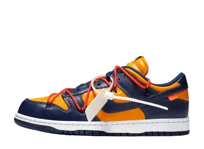 オフホワイト × ナイキ ダンク ロー LTHR "ユニバーシティゴールド/ミッドナイトネイビー/ホワイト"