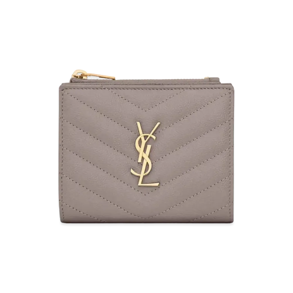 SAINT LAURENT Monogram Bi-Fold Wallet In Grain De Poudre Embossed Leather "Fog"