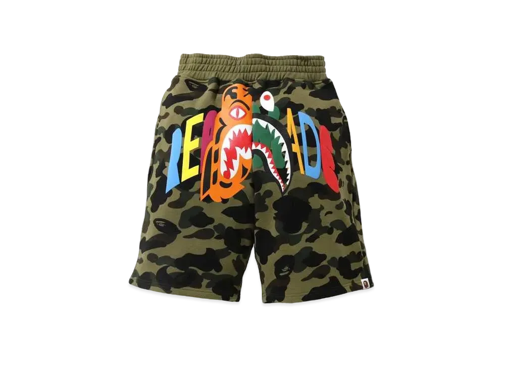 A BATHING APE / READYMADE TIGER SHARK WIDE SWEAT SHORTS "Camo"
