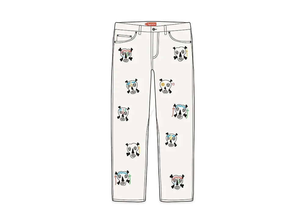 Supreme Clayton Patterson Skulls Embroidered Regular Jean "White"
