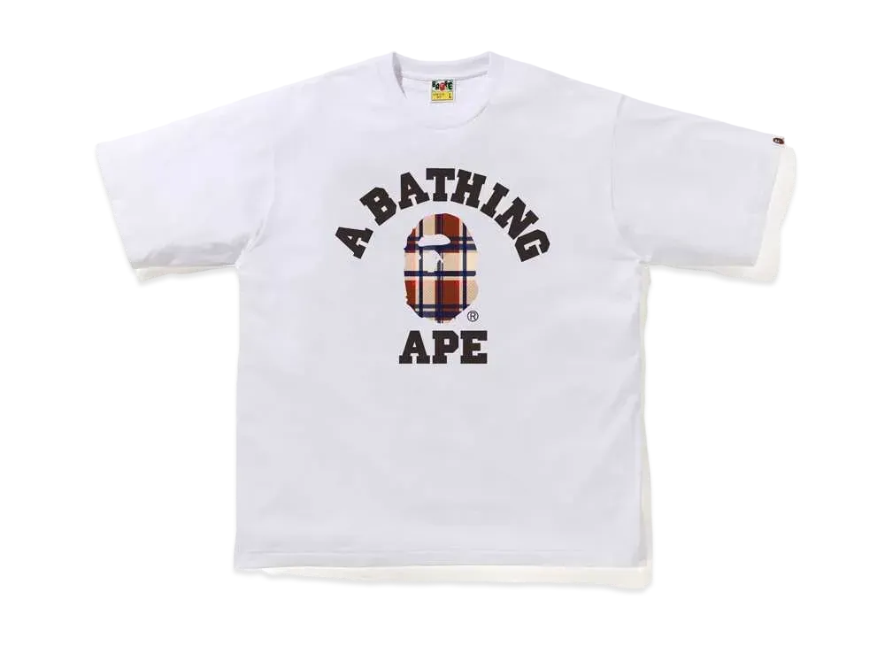 A BATHING APE CHECK COLLEGE RLXED TEE "White/Red"