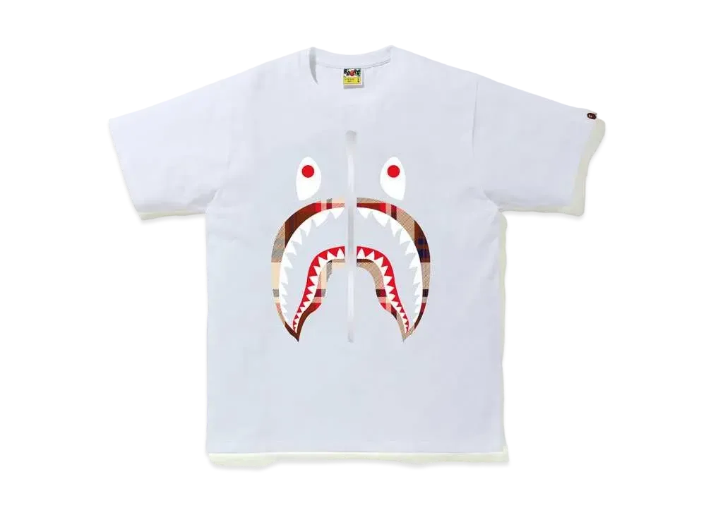 A BATHING APE CHECK SHARK TEE "White/Red"