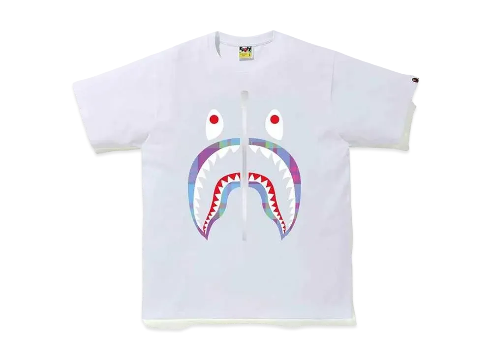 A BATHING APE CHECK SHARK TEE "White/Purple"