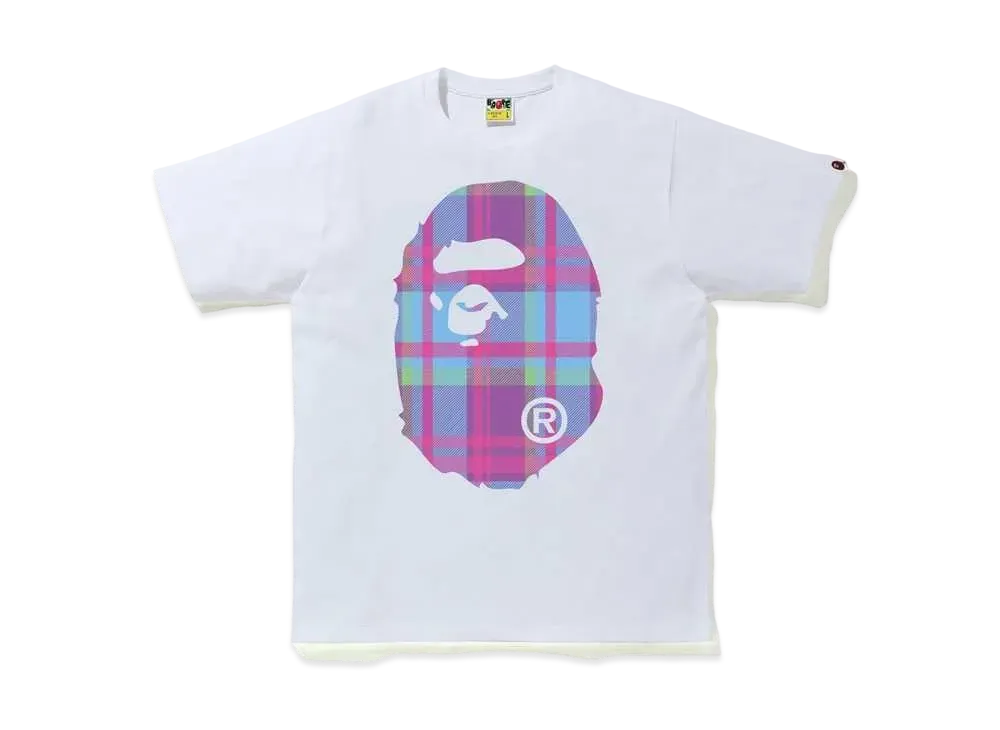 A BATHING APE CHECK BIG APE HEAD TEE "White/Purple"