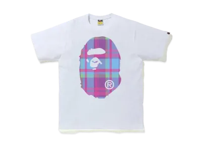 A BATHING APE CHECK BIG APE HEAD TEE "White/Purple"