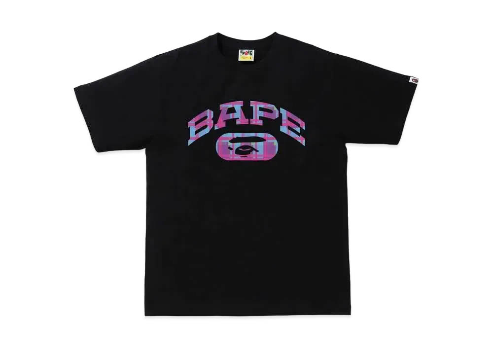 A BATHING APE CHECK COLLEGE LOGO TEE "Black/Purple"