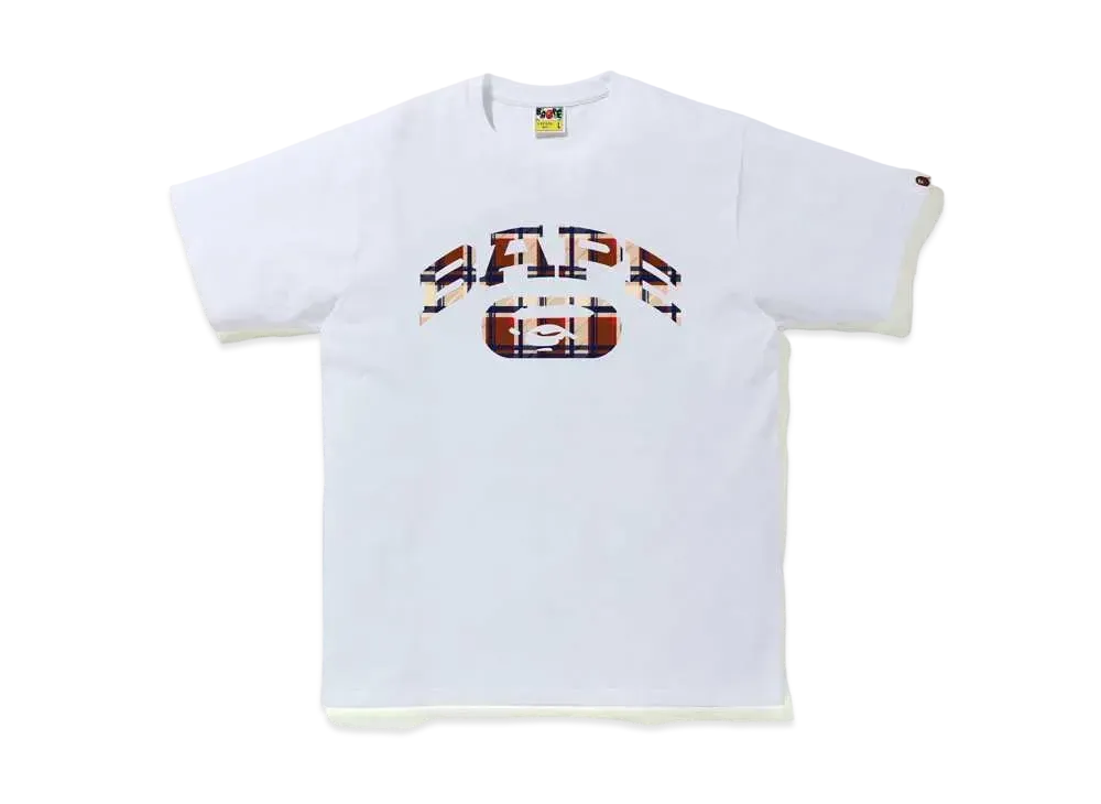 A BATHING APE CHECK COLLEGE LOGO TEE "White/Red"