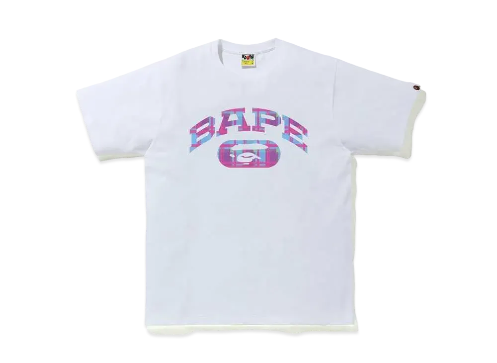 A BATHING APE CHECK COLLEGE LOGO TEE "White/Purple"