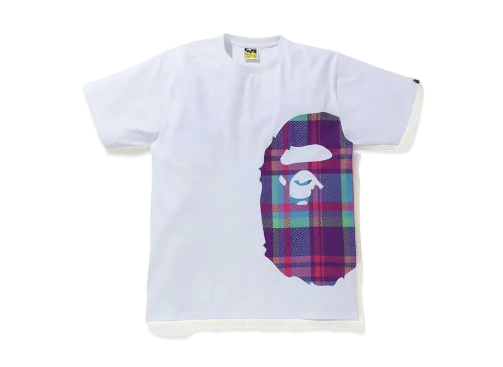 A BATHING APE CHECK SIDE BIG APE HEAD TEE "White/Purple"