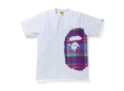A BATHING APE CHECK SIDE BIG APE HEAD TEE "White/Purple"