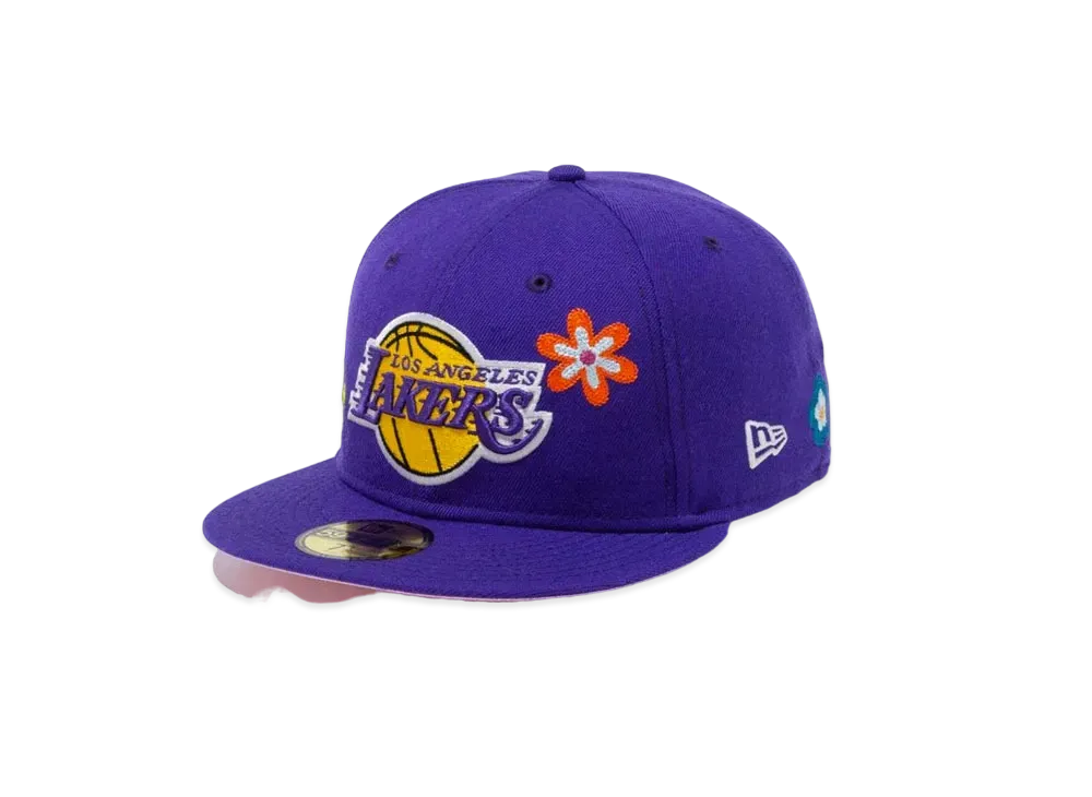 NEW ERA 59FIFTY Chain Stitch Floral Los Angeles Lakers Pink Under Visor "Purple"
