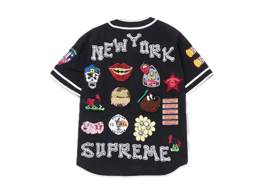 Supreme Patches Denim Baseball Jersey "Black"