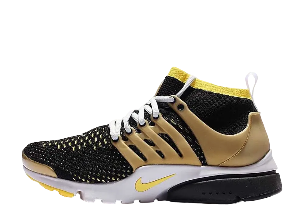 ナイキ エアプレスト ウルトラ フライニット "ブラック/イエローストリーク/メタリックゴールド"