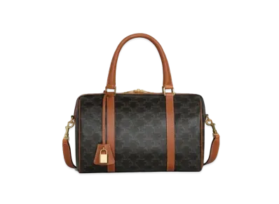 CELINE Boston Bag in Triomphe Canvas and Calfskin "Tan"