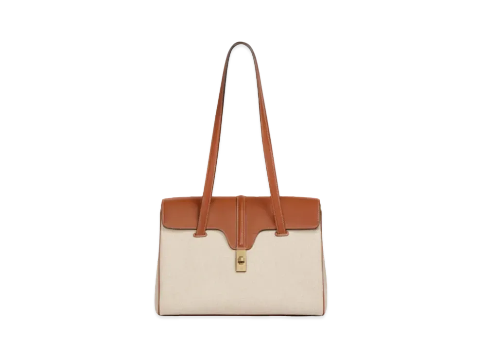 CELINE Medium Soft 16 Bag in Textile and Calfskin "Tan/White"