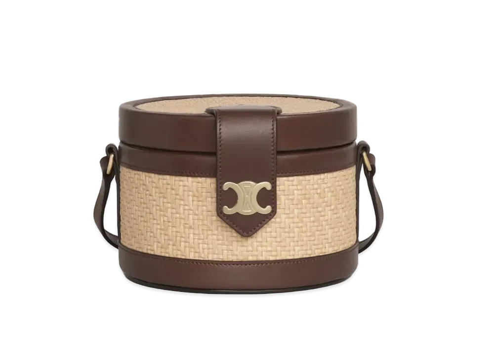 CELINE Medium Tambour Bag in Braided Textile façon Raffia and Calfskin "Natural/Brown"