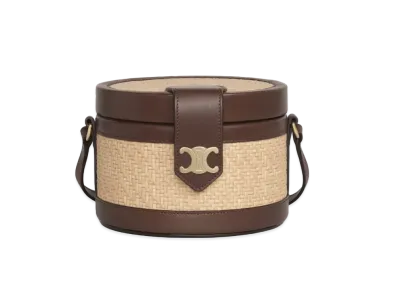 CELINE Medium Tambour Bag in Braided Textile façon Raffia and Calfskin "Natural/Brown"