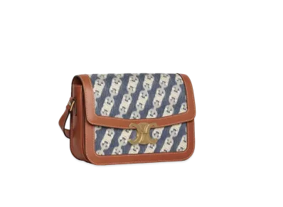 CELINE Medium Triomphe Bag in Chaîne Triomphe Jacquard and Natural Calfskin "Navy/Tan"