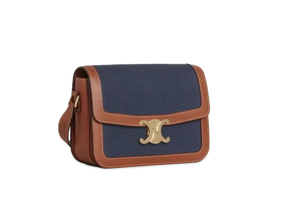 CELINE Medium Triomphe Bag in Raffia and Calfskin "Navy/Tan"