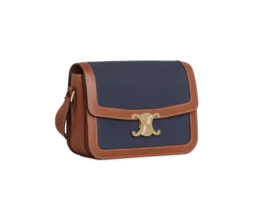 CELINE Medium Triomphe Bag in Raffia and Calfskin "Navy/Tan"