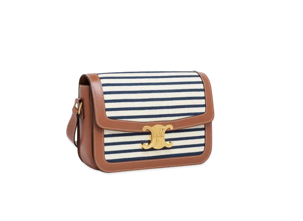 CELINE Medium Triomphe Bag in Striped Textile and Calfskin "Navy/Tan"
