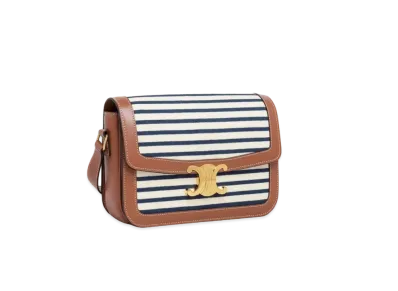 CELINE Medium Triomphe Bag in Striped Textile and Calfskin "Navy/Tan"