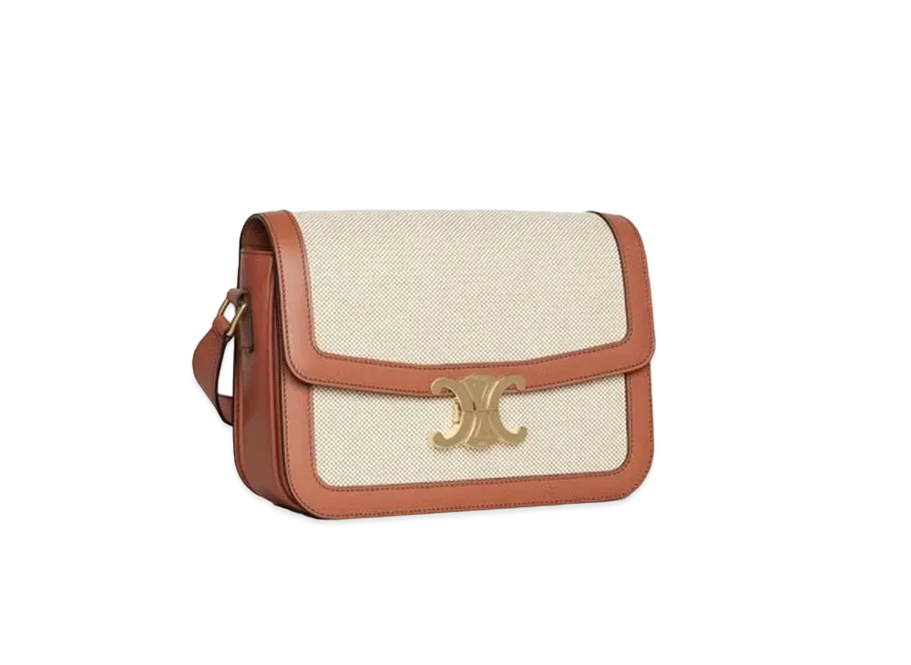 CELINE Medium Triomphe Bag in Textile and Natural Calfskin "Tan/White"