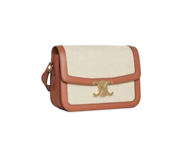 CELINE Medium Triomphe Bag in Textile and Natural Calfskin "Tan/White"