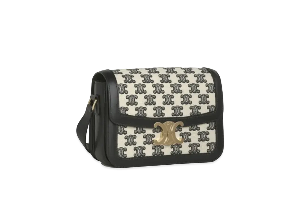 CELINE Medium Triomphe Bag in Textile with Triomphe Embroidery and Calfskin "Black"