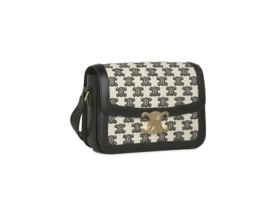 CELINE Medium Triomphe Bag in Textile with Triomphe Embroidery and Calfskin "Black"