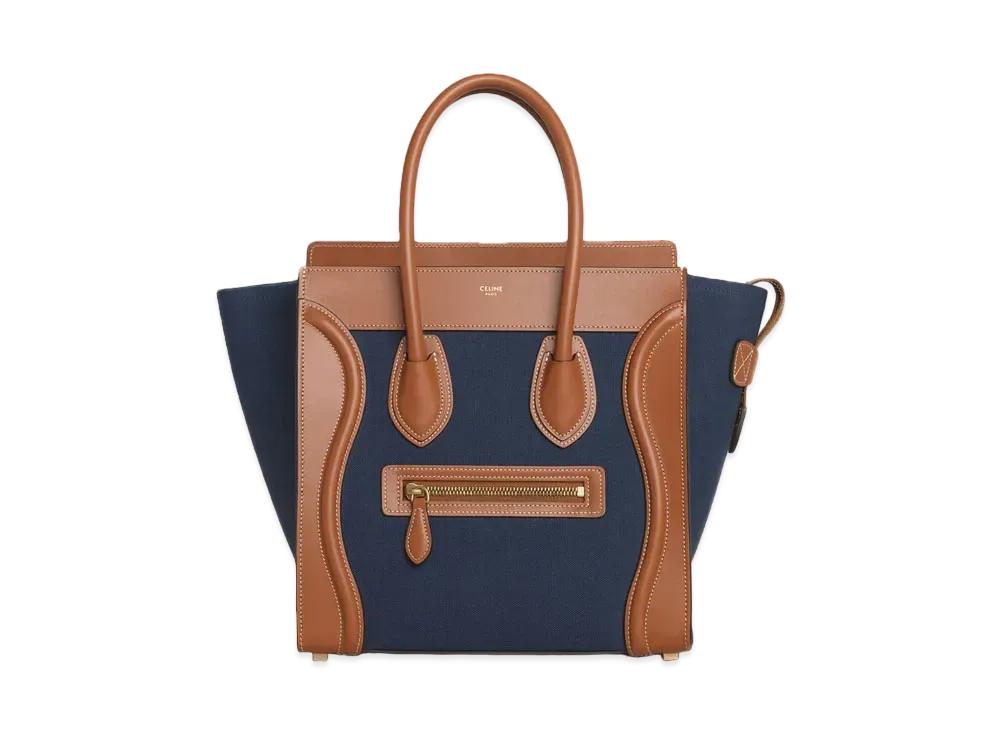 CELINE Micro Luggage Handbag in Textile and Calfskin "Navy/Tan"